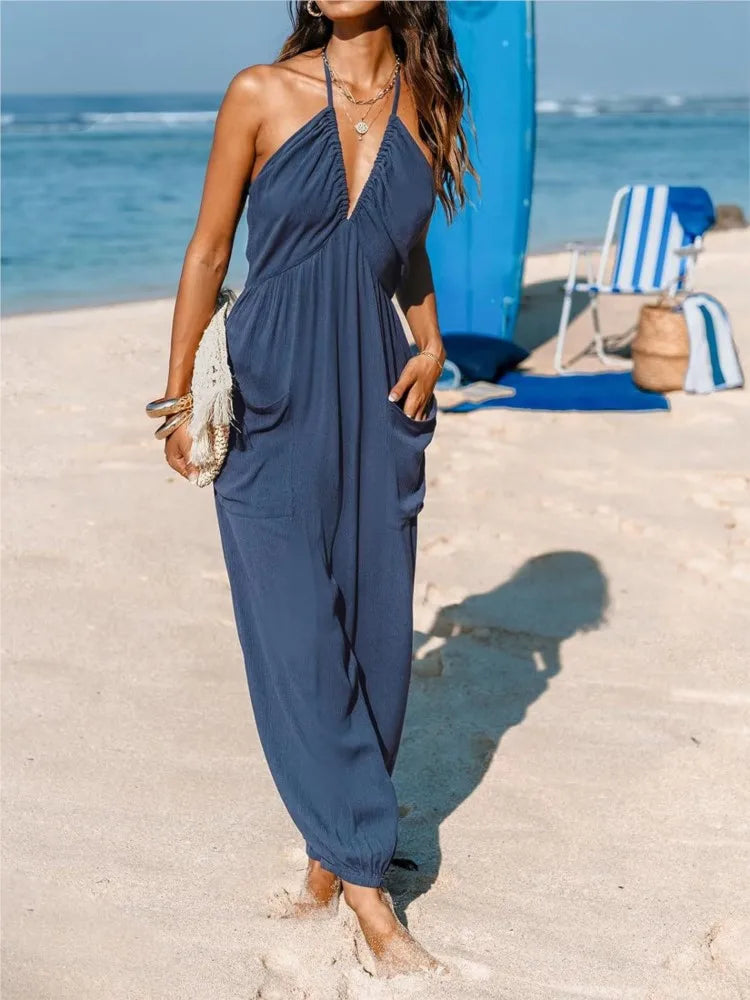 Diepe V-hals™ Plissé Jumpsuit – Voorjaar/Zomer 2025