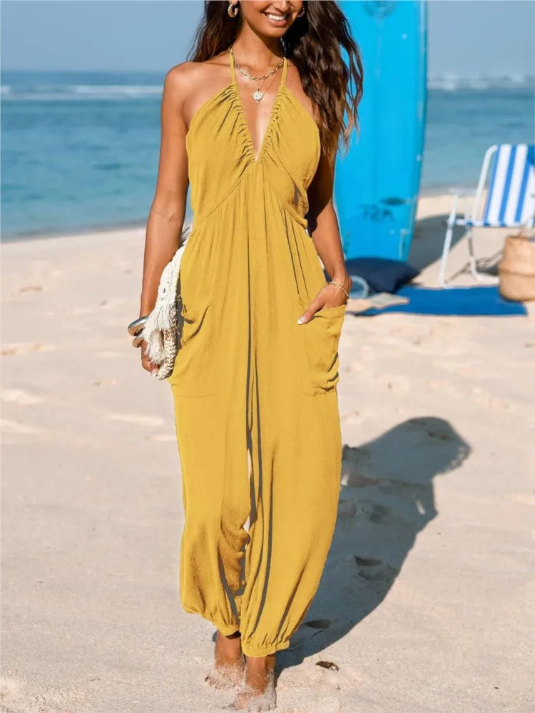 Diepe V-hals™ Plissé Jumpsuit – Voorjaar/Zomer 2025